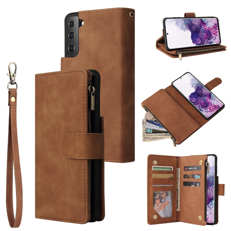 

For Samsung Galaxy S21 5G Multifunctional Frosted Zipper Wallet Leather Phone Case(Brown)