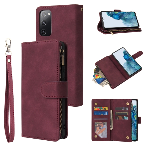 

For Samsung Galaxy S20 FE 5G Multifunctional Frosted Zipper Wallet Leather Phone Case(Wine Red)