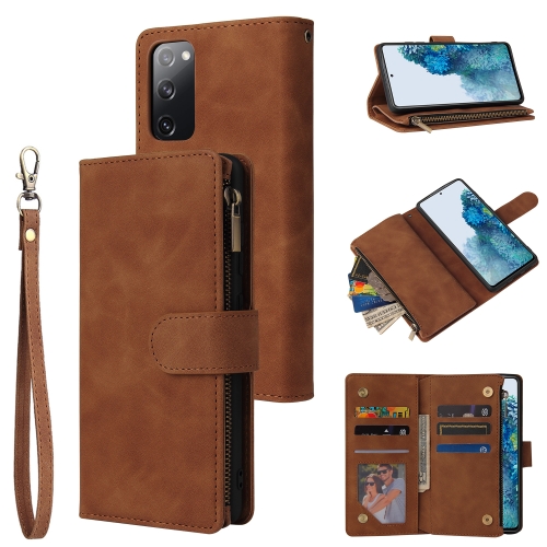 

For Samsung Galaxy S20 FE 5G Multifunctional Frosted Zipper Wallet Leather Phone Case(Brown)