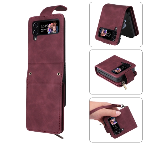 

For Samsung Galaxy Z Flip4 Multifunctional Frosted Zipper Wallet Leather Phone Case(Wine Red)