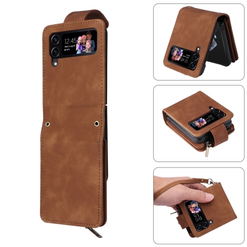

For Samsung Galaxy Z Flip4 Multifunctional Frosted Zipper Wallet Leather Phone Case(Brown)