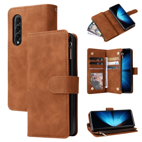 

For Samsung Galaxy Z Fold4 Multifunctional Frosted Zipper Wallet Leather Phone Case(Brown)