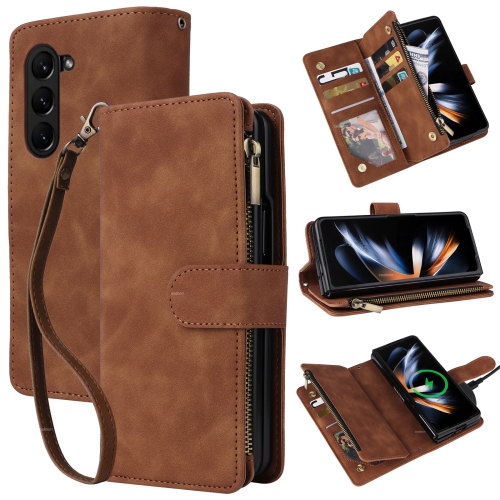 

For Samsung Galaxy Z Fold5 Multifunctional Frosted Zipper Wallet Leather Phone Case(Brown)