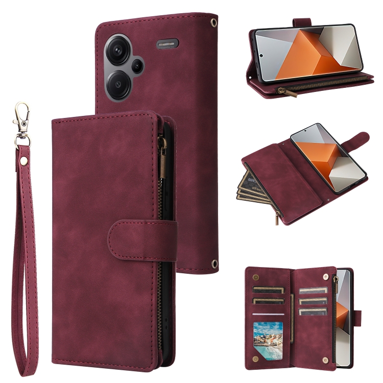 

For Xiaomi Redmi Note 13 Pro+ Multifunctional Frosted Zipper Wallet Leather Phone Case(Wine Red)