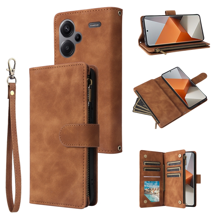 

For Xiaomi Redmi Note 13 Pro+ Multifunctional Frosted Zipper Wallet Leather Phone Case(Brown)
