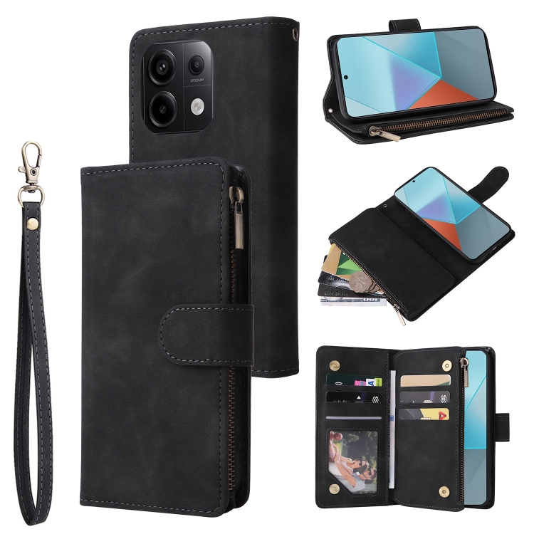 

For Xiaomi Redmi Note 13 Pro 5G Multifunctional Frosted Zipper Wallet Leather Phone Case(Black)