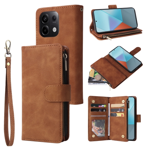 

For Xiaomi Redmi Note 13 Pro 5G Multifunctional Frosted Zipper Wallet Leather Phone Case(Brown)