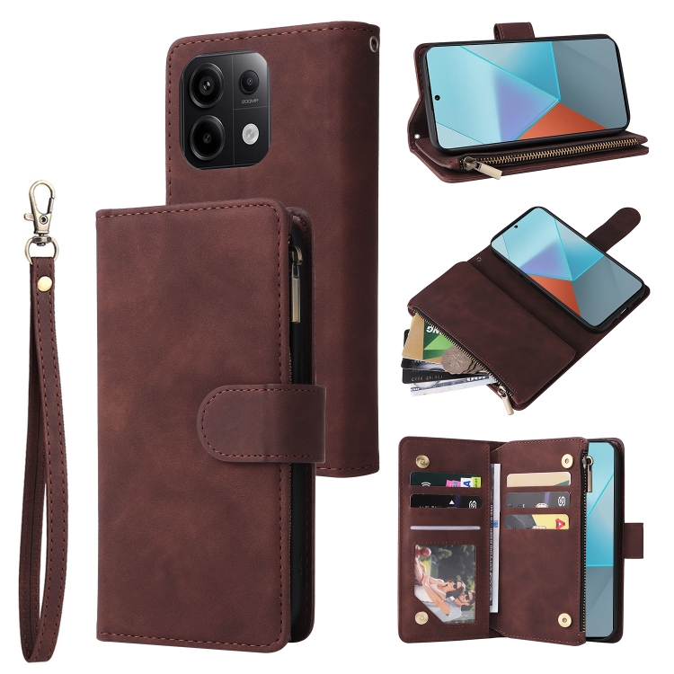 

For Xiaomi Redmi Note 13 Pro 5G Multifunctional Frosted Zipper Wallet Leather Phone Case(Coffee)