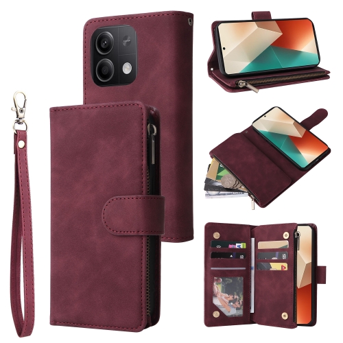

For Xiaomi Redmi Note 13 5G Multifunctional Frosted Zipper Wallet Leather Phone Case(Wine Red)