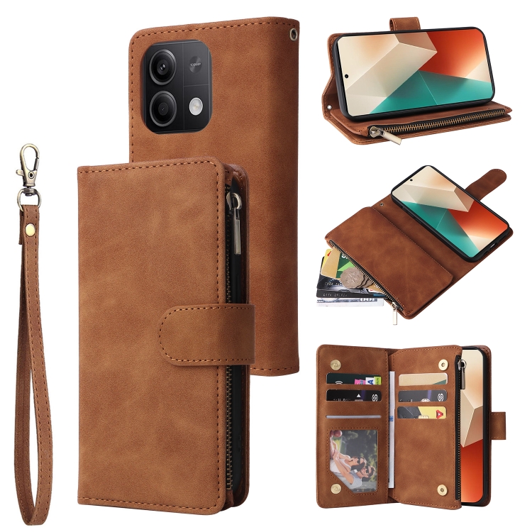 

For Xiaomi Redmi Note 13 5G Multifunctional Frosted Zipper Wallet Leather Phone Case(Brown)