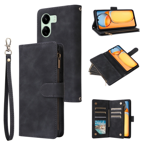 

For Xiaomi Redmi 13C 4G Global Multifunctional Frosted Zipper Wallet Leather Phone Case(Black)