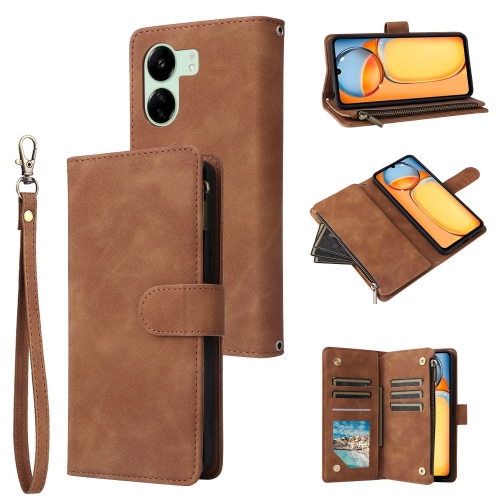 

For Xiaomi Redmi 13C 4G Global Multifunctional Frosted Zipper Wallet Leather Phone Case(Brown)