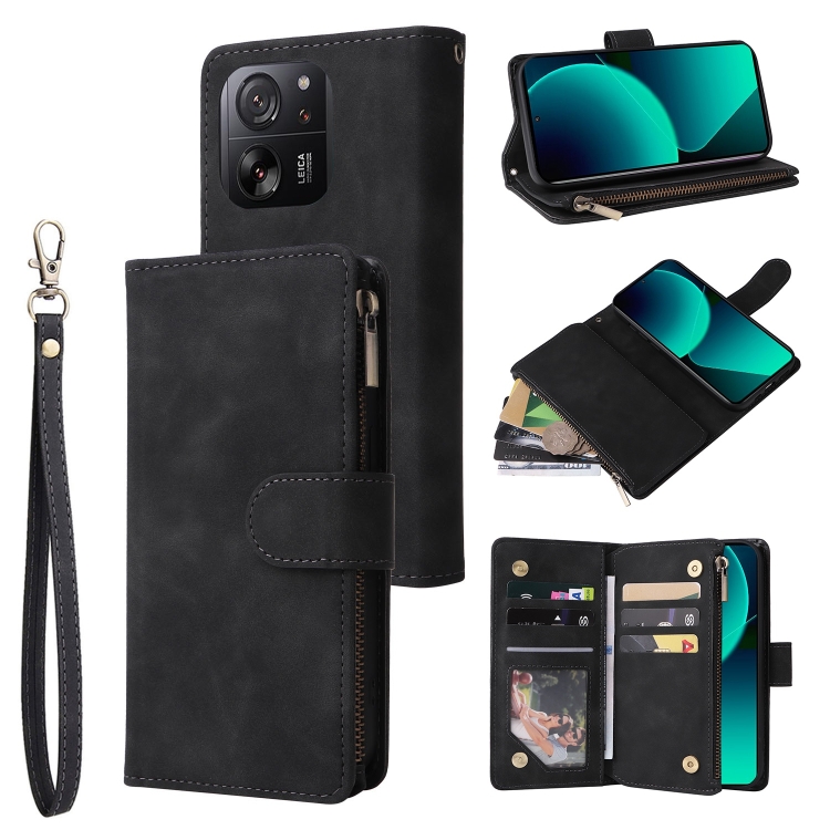 

For Xiaomi 13T / 13T Pro Multifunctional Frosted Zipper Wallet Leather Phone Case(Black)