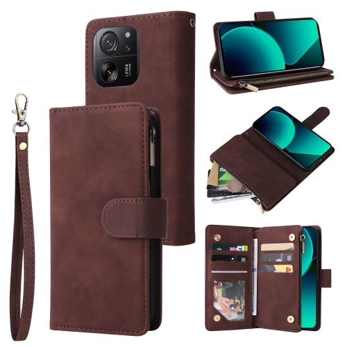 

For Xiaomi 13T / 13T Pro Multifunctional Frosted Zipper Wallet Leather Phone Case(Coffee)