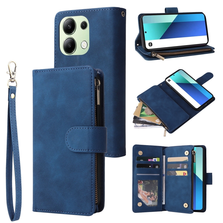 

For Xiaomi Redmi Note 13 4G Multifunctional Frosted Zipper Wallet Leather Phone Case(Blue)