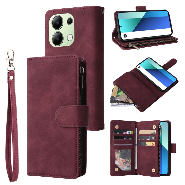 

For Xiaomi Redmi Note 13 4G Multifunctional Frosted Zipper Wallet Leather Phone Case(Wine Red)