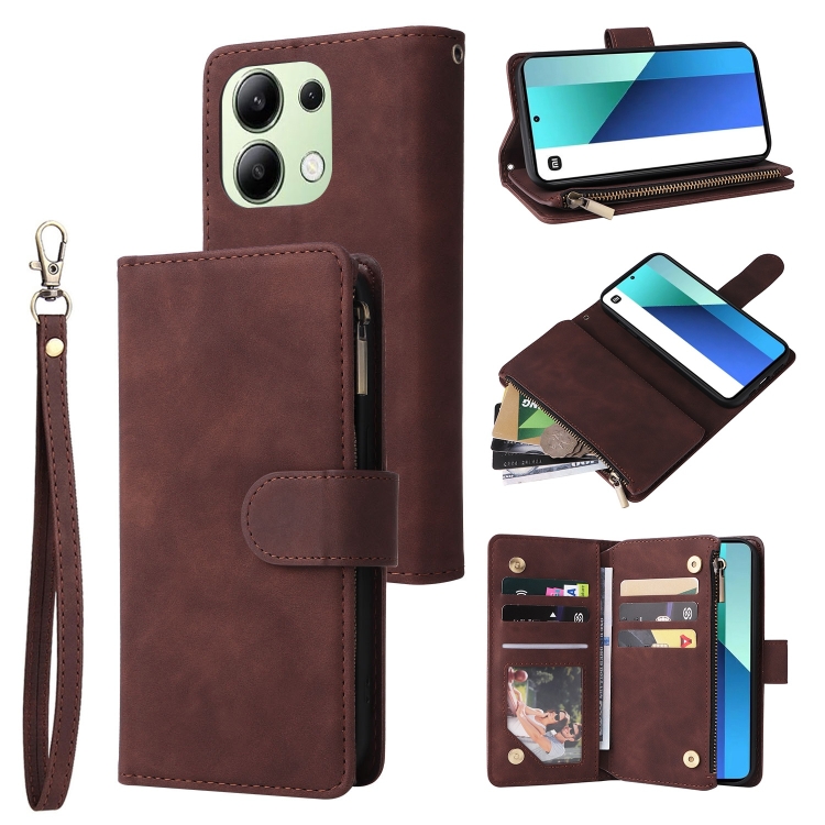 

For Xiaomi Redmi Note 13 4G Multifunctional Frosted Zipper Wallet Leather Phone Case(Coffee)