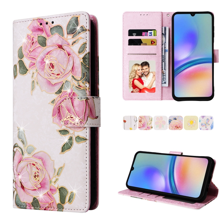 

For Samsung Galaxy A05s Bronzing Painting RFID Leather Case(Rose Flower)