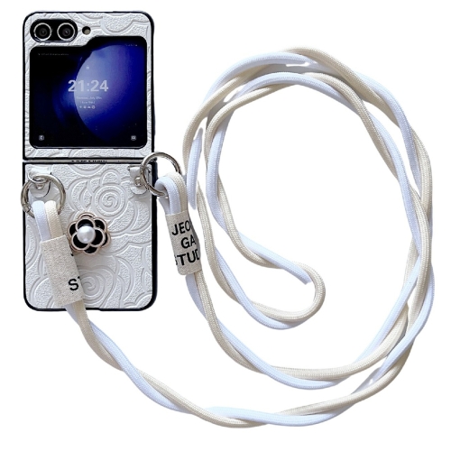 

For Samsung Galaxy Z Flip3 5G Impression Camellia Pattern Protective Phone Case with Long Lanyard(White)