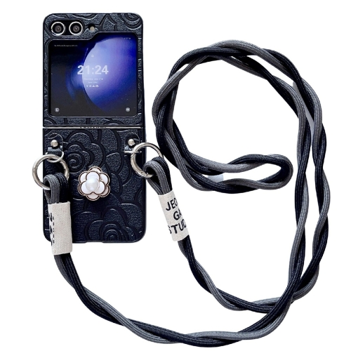 

For Samsung Galaxy Z Flip3 5G Impression Camellia Pattern Protective Phone Case with Long Lanyard(Black)