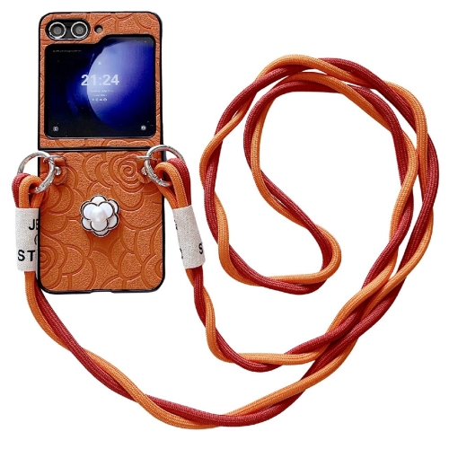 

For Samsung Galaxy Z Flip3 5G Impression Camellia Pattern Protective Phone Case with Long Lanyard(Orange)