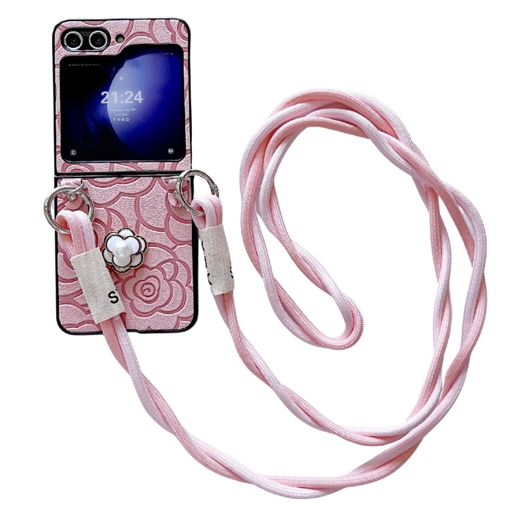 

For Samsung Galaxy Z Flip3 5G Impression Camellia Pattern Protective Phone Case with Long Lanyard(Pink)