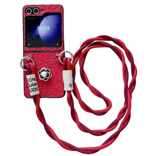 

For Samsung Galaxy Z Flip3 5G Impression Camellia Pattern Protective Phone Case with Long Lanyard(Red)