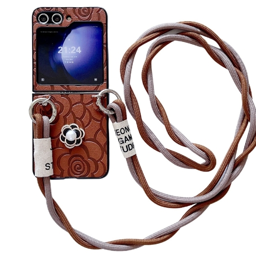 

For Samsung Galaxy Z Flip4 5G Impression Camellia Pattern Protective Phone Case with Long Lanyard(Brown)