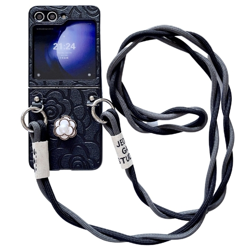 

For Samsung Galaxy Z Flip4 5G Impression Camellia Pattern Protective Phone Case with Long Lanyard(Black)