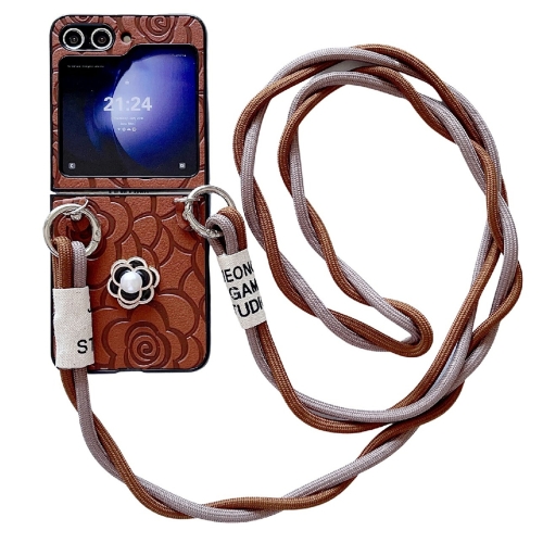 

For Samsung Galaxy Z Flip5 5G Impression Camellia Pattern Protective Phone Case with Long Lanyard(Brown)