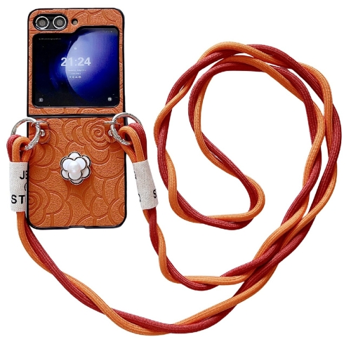 

For Samsung Galaxy Z Flip5 5G Impression Camellia Pattern Protective Phone Case with Long Lanyard(Orange)