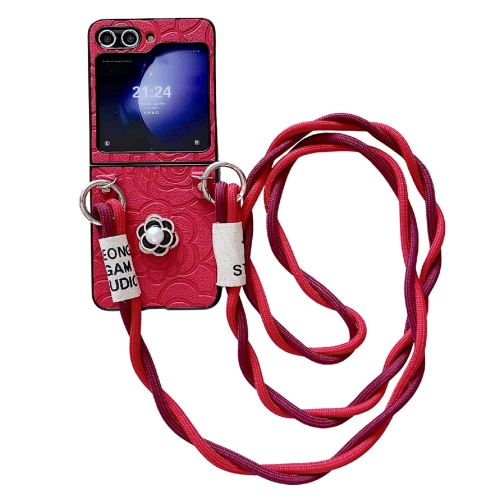 

For Samsung Galaxy Z Flip5 5G Impression Camellia Pattern Protective Phone Case with Long Lanyard(Red)
