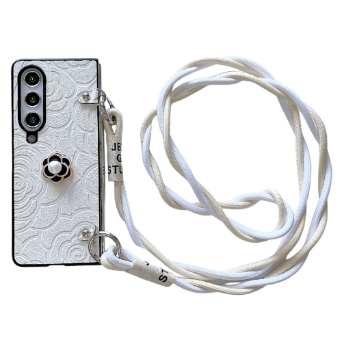 

For Samsung Galaxy Z Fold3 5G Impression Camellia Pattern Protective Phone Case with Long Lanyard(White)