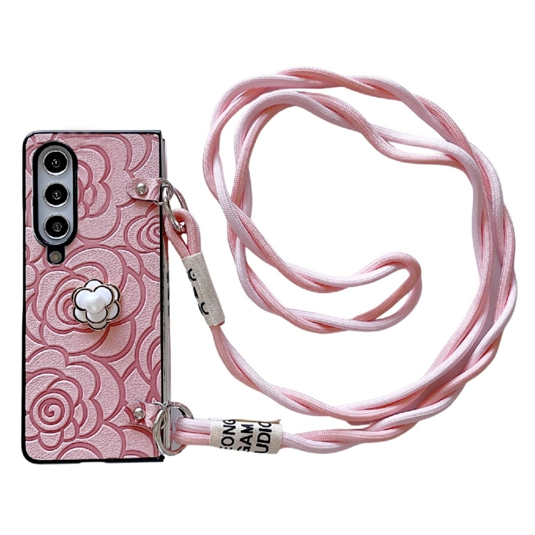 

For Samsung Galaxy Z Fold3 5G Impression Camellia Pattern Protective Phone Case with Long Lanyard(Pink)