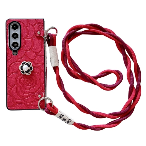 

For Samsung Galaxy Z Fold3 5G Impression Camellia Pattern Protective Phone Case with Long Lanyard(Red)