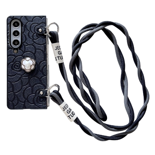 

For Samsung Galaxy Z Fold4 5G Impression Camellia Pattern Protective Phone Case with Long Lanyard(Black)