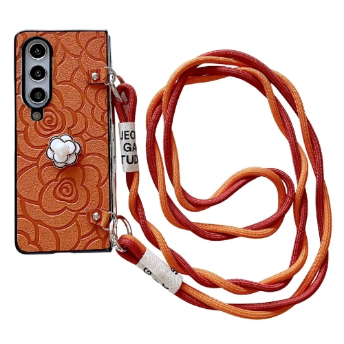 

For Samsung Galaxy Z Fold4 5G Impression Camellia Pattern Protective Phone Case with Long Lanyard(Orange)