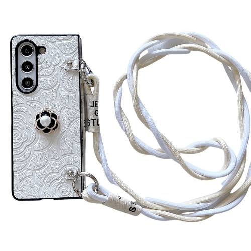 

For Samsung Galaxy Z Fold5 5G Impression Camellia Pattern Protective Phone Case with Long Lanyard(White)