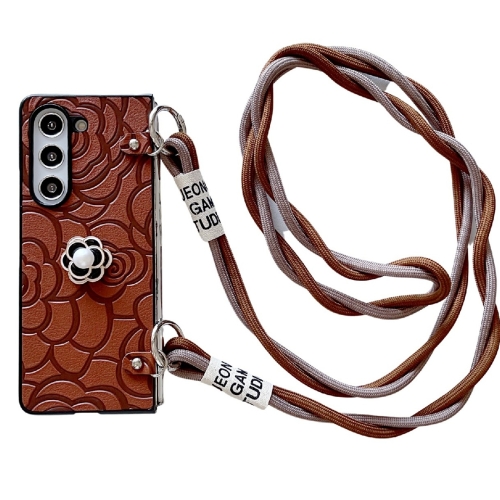 

For Samsung Galaxy Z Fold5 5G Impression Camellia Pattern Protective Phone Case with Long Lanyard(Brown)