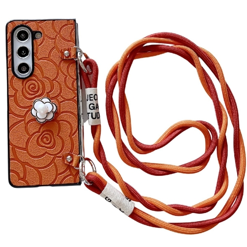 

For Samsung Galaxy Z Fold5 5G Impression Camellia Pattern Protective Phone Case with Long Lanyard(Orange)