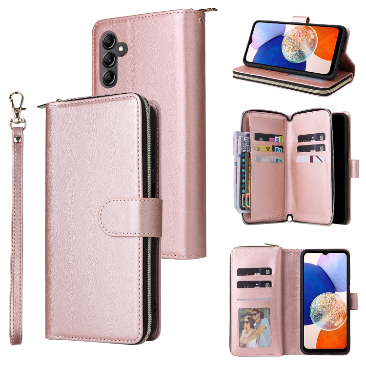 

For Samsung Galaxy A15 5G 9-Card Slots Zipper Wallet Bag Leather Phone Case(Rose Gold)