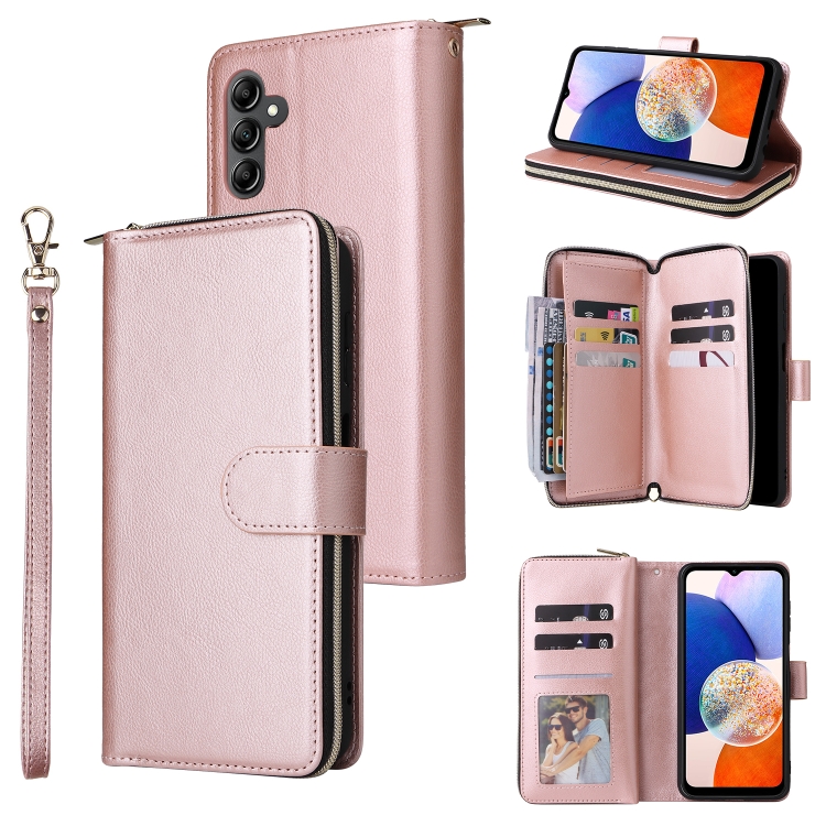 

For Samsung Galaxy A15 5G 9 Card Slots Zipper Wallet Bag Leather Phone Case(Rose Gold)