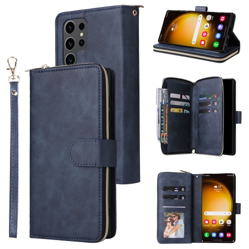 

For Samsung Galaxy S24 Ultra 5G 9-Card Slots Zipper Wallet Bag Leather Phone Case(Blue)