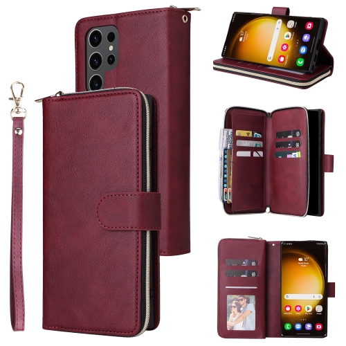 

For Samsung Galaxy S24 Ultra 5G 9-Card Slots Zipper Wallet Bag Leather Phone Case(Wine Red)