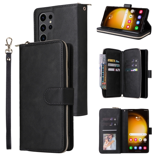 

For Samsung Galaxy S24 Ultra 5G 9-Card Slots Zipper Wallet Bag Leather Phone Case(Black)