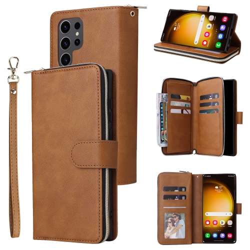 

For Samsung Galaxy S24 Ultra 5G 9-Card Slots Zipper Wallet Bag Leather Phone Case(Brown)
