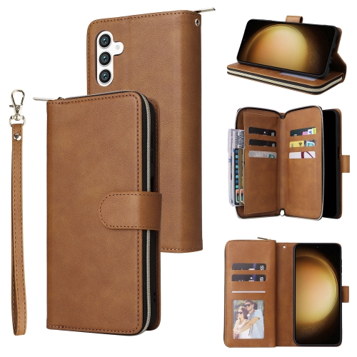 

For Samsung Galaxy S24+ 5G 9-Card Slots Zipper Wallet Bag Leather Phone Case(Brown)