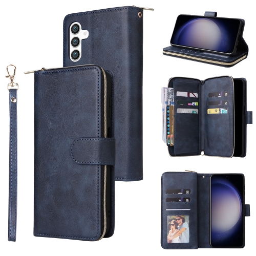 

For Samsung Galaxy S24 5G 9-Card Slots Zipper Wallet Bag Leather Phone Case(Blue)