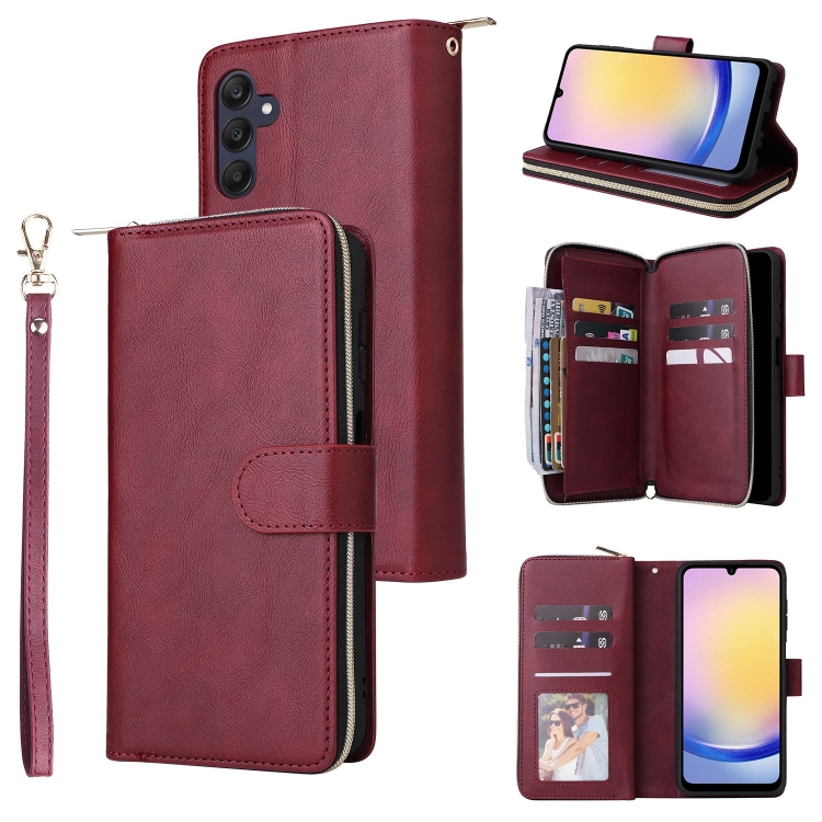 

For Samsung Galaxy A25 9-Card Slots Zipper Wallet Bag Leather Phone Case(Wine Red)