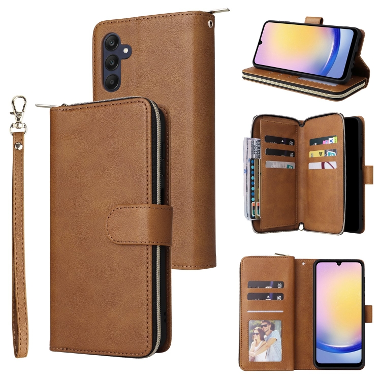 

For Samsung Galaxy A25 9-Card Slots Zipper Wallet Bag Leather Phone Case(Brown)